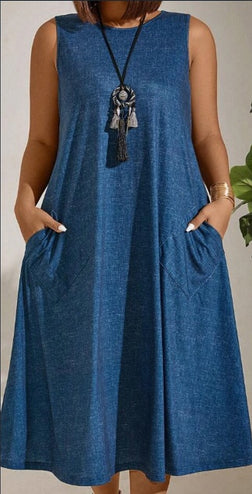 Plus Size Sleeveless Round Neck Solid Color Dress With Pockets, Summer Maxi Women Outfit