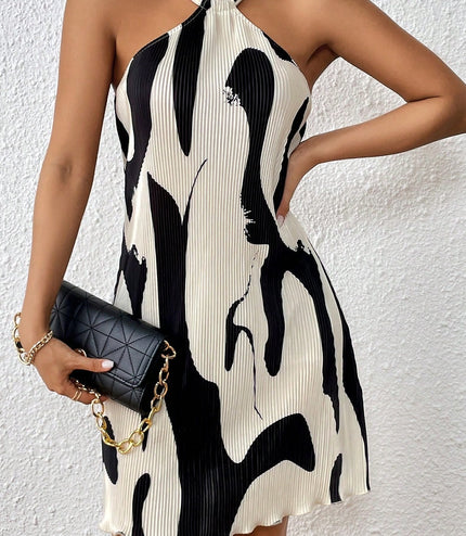 Women's Elegant Vacation Casual Backto School Pleated Halter Mini Dress
