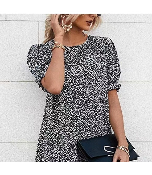 Printed Solid Color Round Neck Short Sleeves Casual Pleated Swing Dress Women