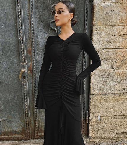 Fashionable Elegant V-neck Pleated Slim-fit Flared Sleeves Dress
