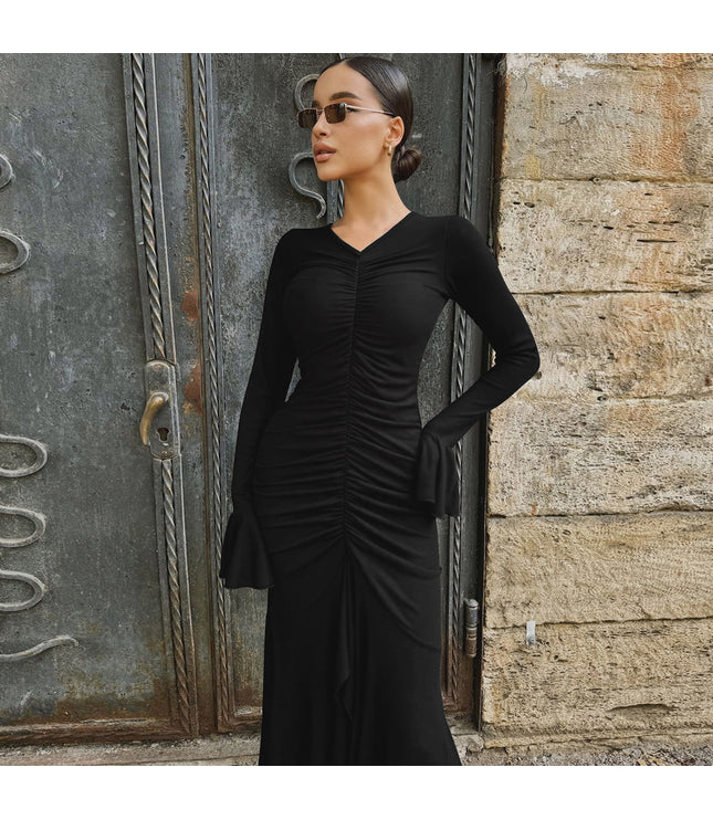 Fashionable Elegant V-neck Pleated Slim-fit Flared Sleeves Dress