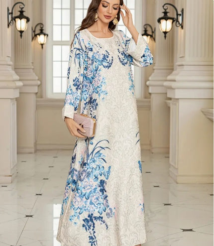 Elegant Floral Print Long Sleeve Abaya Dress
