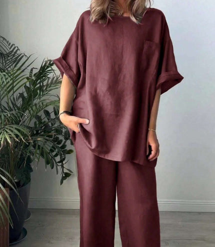 2pcs Women Solid Color Crew Neck Short Sleeve Top And Long Pants Casual Outfit