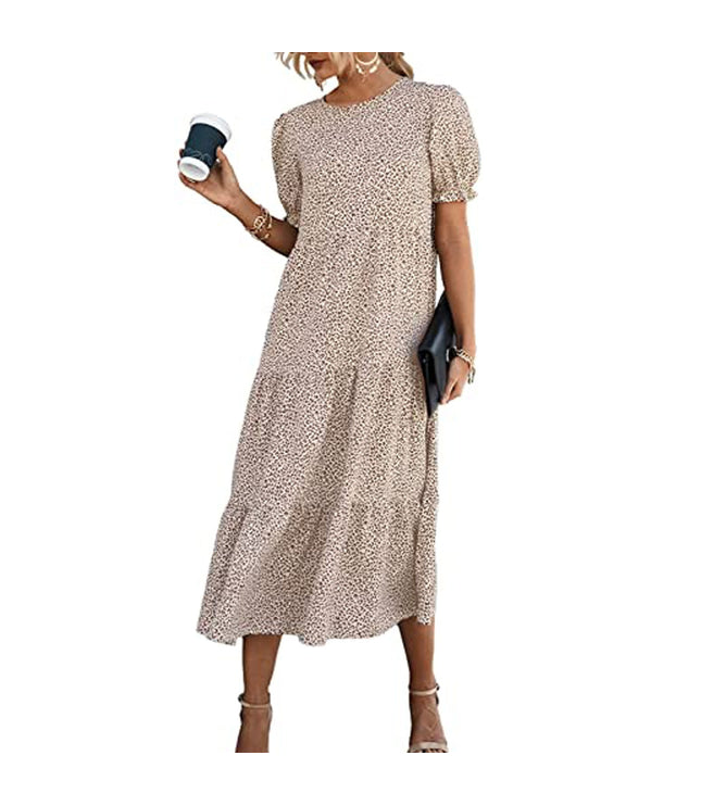 Printed Solid Color Round Neck Short Sleeves Casual Pleated Swing Dress Women