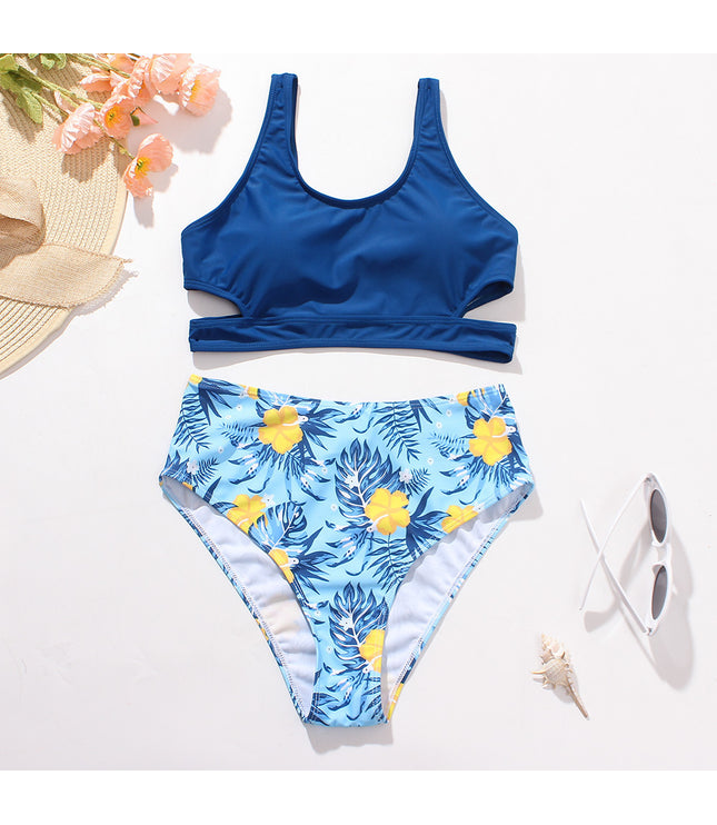 Ladies High Waist Solid Color Printed Swimsuit