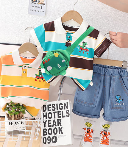 Boys' Polo Collar Stripes Short-sleeved Shorts Suit