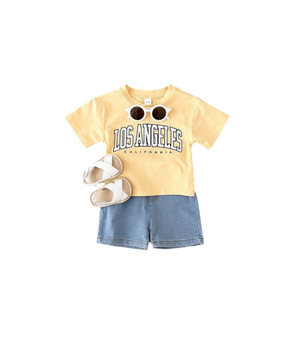 Summer Baby Letter Print Short-sleeve Top Denim Shorts Suit