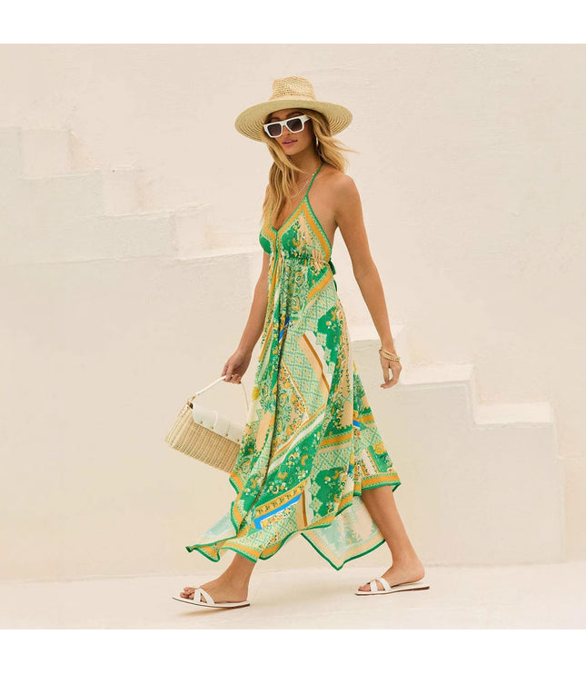 Off-the-shoulder V-neck Women's Clothing Spaghetti-strap Floral Print Dress