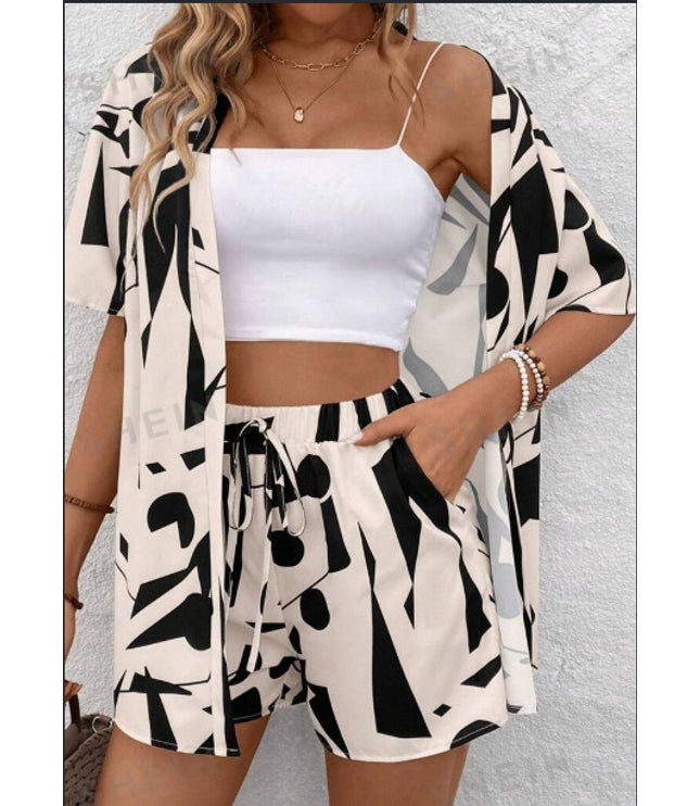 EMERY ROSE Color Blocking Geometric Printed Button Up Short Sleeve Top And Shorts Set For Summer Casual Vacation