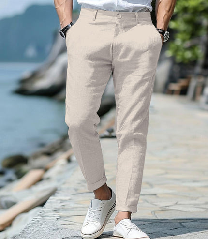 Men's Linen Summer Button Front Slant Pocket Straight-leg Trousers