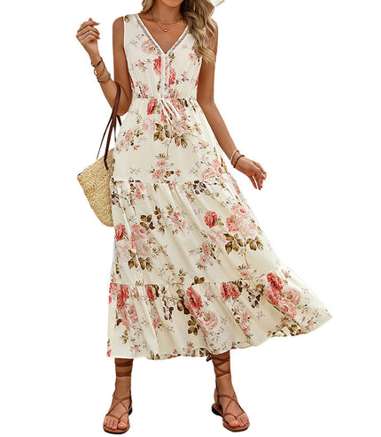 European And American Printed Dress V-neck Lace Stitching Dress