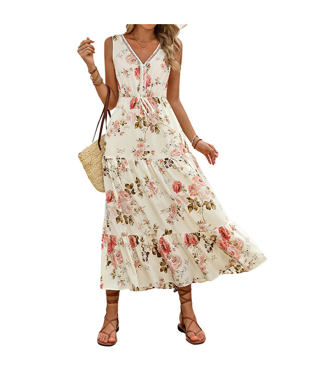 European And American Printed Dress V-neck Lace Stitching Dress