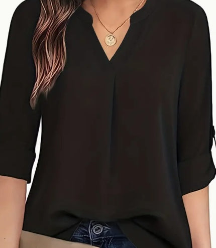 Chic Solid V-Neck Blouse - Fashionable Simplicity For Women - Relaxed Casual Long Sleeve Style