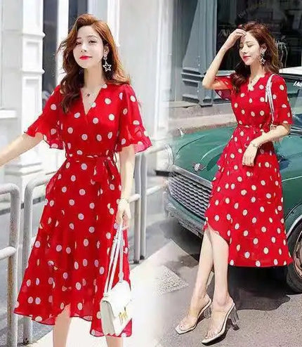 Design Sense Niche Short Sleeve Polka Dot Skirt Dot Red
