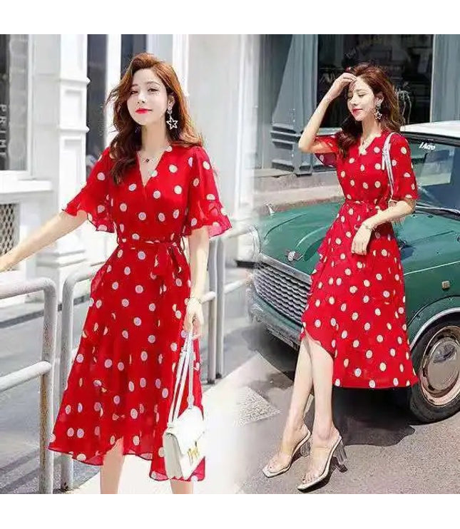 Design Sense Niche Short Sleeve Polka Dot Skirt Dot Red