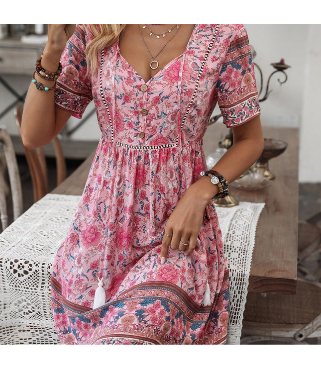 EMERY ROSE Floral Print Tassel Tie Neck Dress
