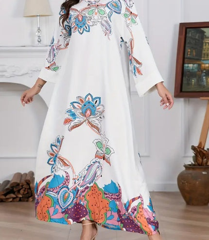 Elegant Floral Print Long Sleeve Abaya Dress