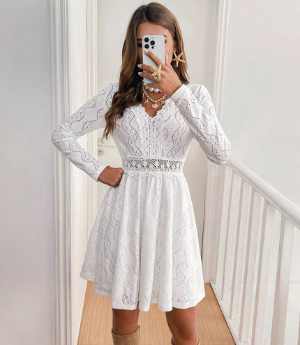 Elegant Women's Solid Color Lace Patchwork Mini Holiday Dress