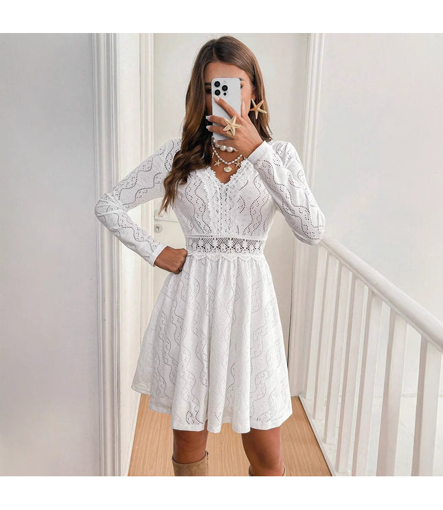Elegant Women's Solid Color Lace Patchwork Mini Holiday Dress