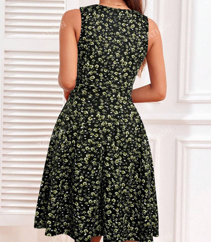 Ditsy Floral Print Keyhole Neckline Dress