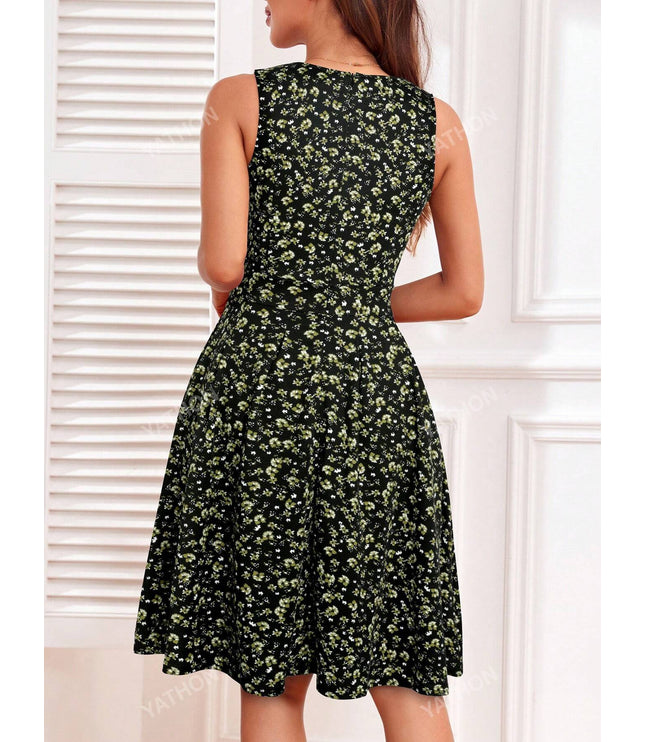 Ditsy Floral Print Keyhole Neckline Dress