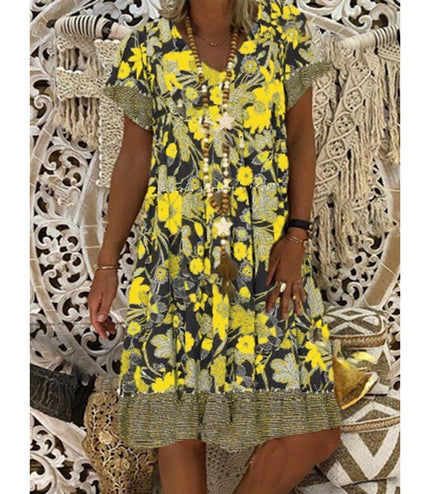 V-neck Printed Short Sleeve Mid-length Dress Plus Size Floral