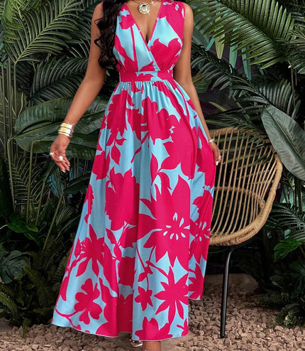Print Deep V Neckline Cinched Waist Fit And Flare Dress Maxi Women Outfit