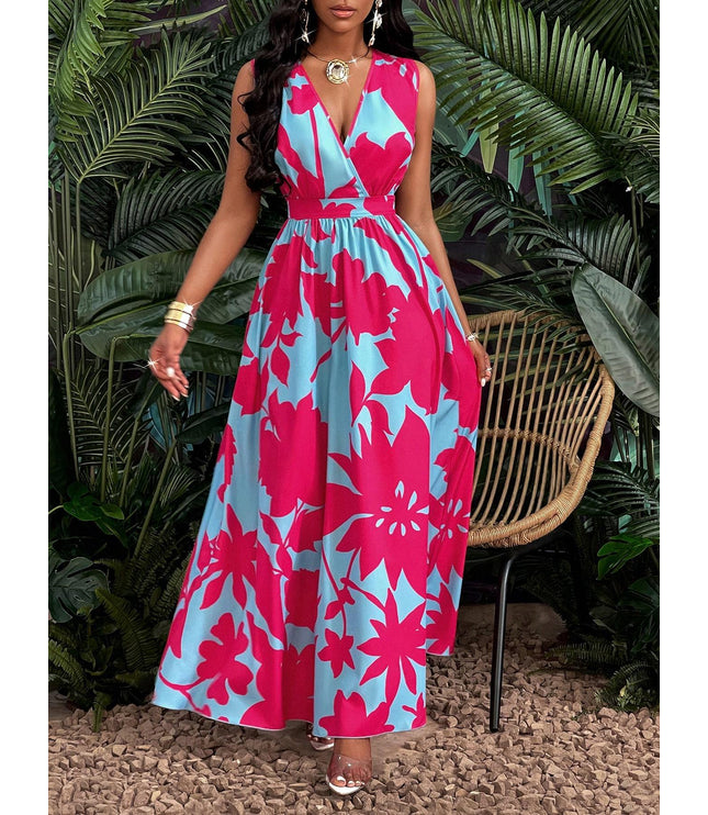 Print Deep V Neckline Cinched Waist Fit And Flare Dress Maxi Women Outfit