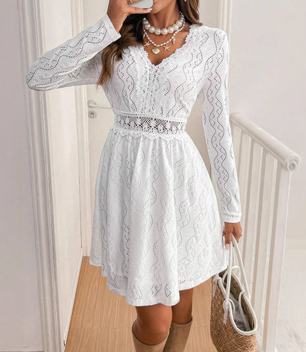 Elegant Women's Solid Color Lace Patchwork Mini Holiday Dress