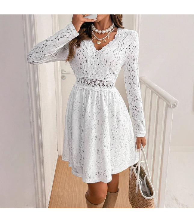 Elegant Women's Solid Color Lace Patchwork Mini Holiday Dress