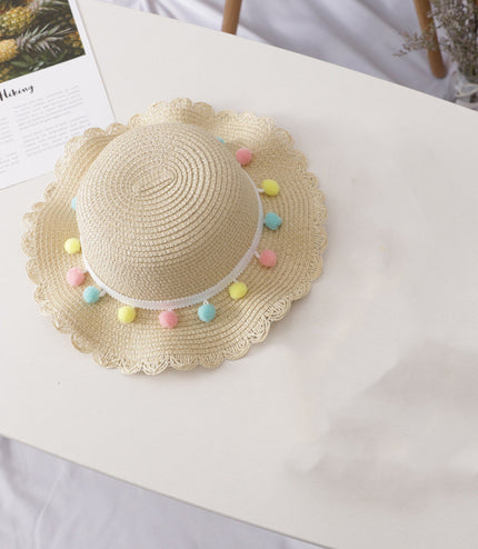 Small Ball Solid Color Children Straw Hat Bag Set