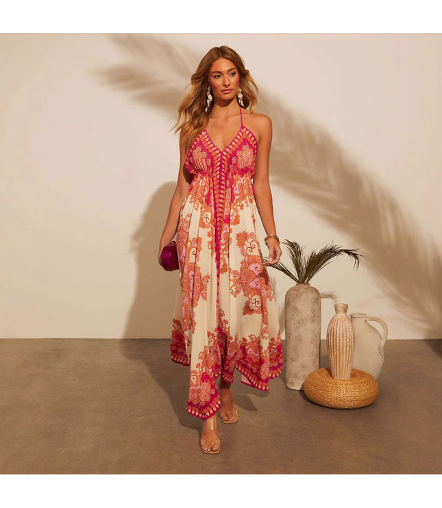 Off-the-shoulder V-neck Women's Clothing Spaghetti-strap Floral Print Dress