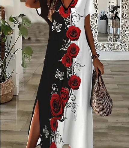 Elegant Floral Print V-Neck Dress For Women