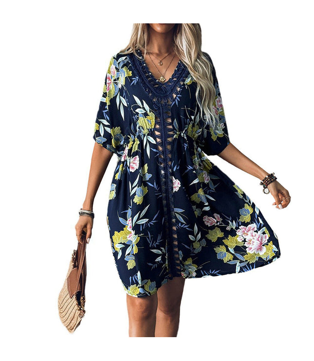 Printing Hand Crochet Bead Stitching Cailco Dress
