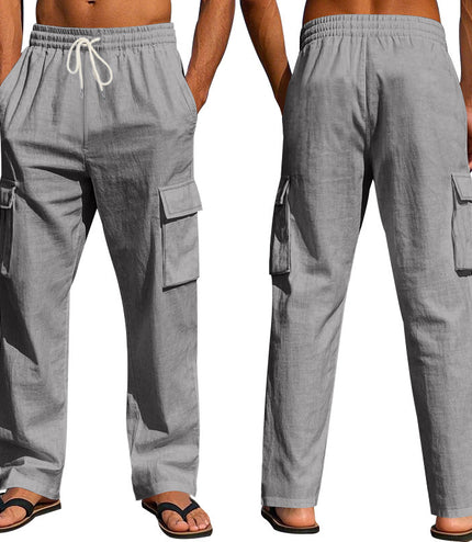 Men's Workwear Multi-pocket Straight Linen Pants Linen Four Seasons Thin Breathable Cargo Pants, Multi-pocket Loose Casual Trendy Wide-leg Pants