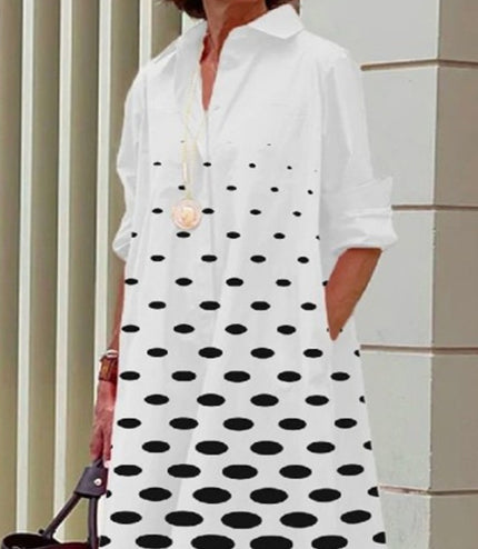 Fashion Polka Dot Print Shirt Collar Long Sleeve Pocket Mid-length Dress
