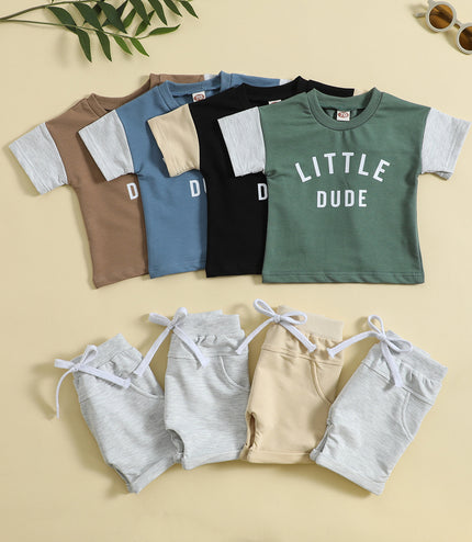 Children's Round Neck Letter Print Top Solid Color Shorts Two-piece Set