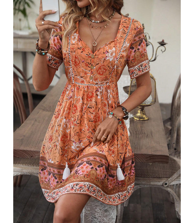 EMERY ROSE Floral Print Tassel Tie Neck Dress