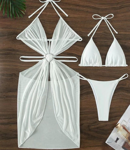 3pcs Halter Neck Bikini Beach Summer Solid Color Split Swimsuit Womens Clothing