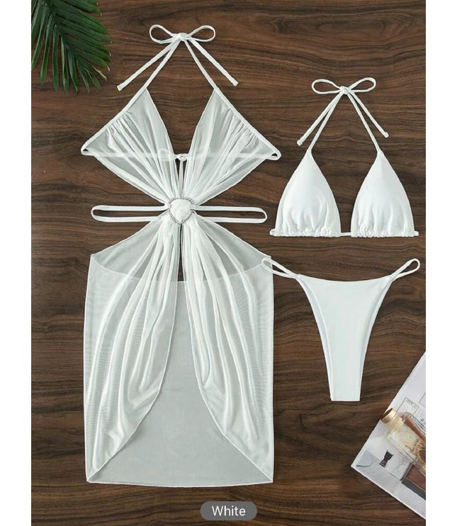 3pcs Halter Neck Bikini Beach Summer Solid Color Split Swimsuit Womens Clothing