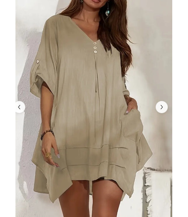 Linen Dress Halter Front Center Button Decoration Comfortable