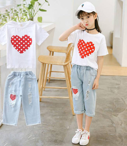 Girls White T-shirt Ripped Jeans Kids Suit