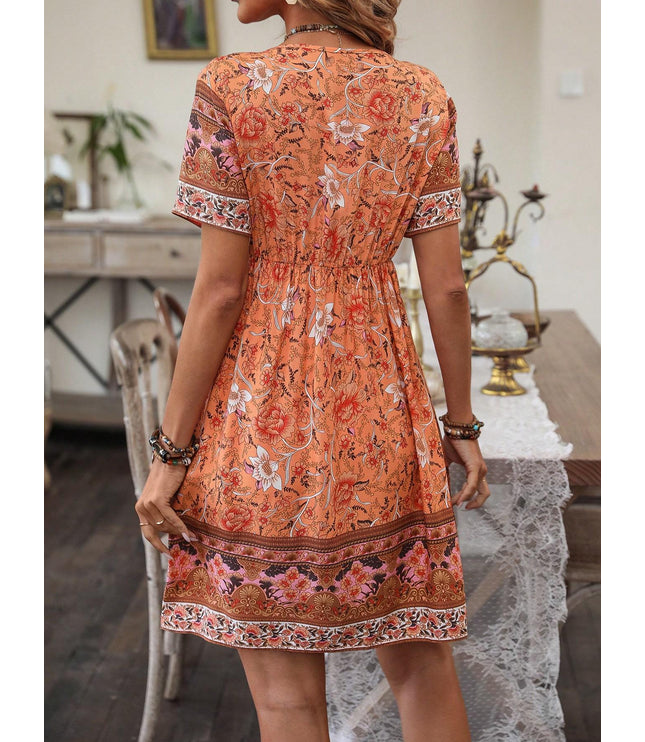 EMERY ROSE Floral Print Tassel Tie Neck Dress