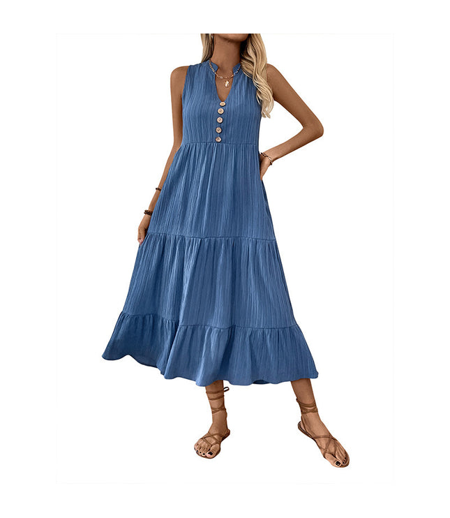 Pleated Solid Color Stand Collar Sleeveless Dress