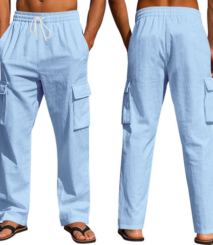 Men's Workwear Multi-pocket Straight Linen Pants Linen Four Seasons Thin Breathable Cargo Pants, Multi-pocket Loose Casual Trendy Wide-leg Pants