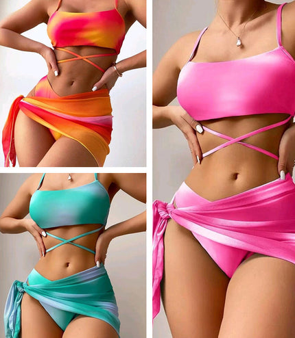 3pcs Tie Dye Print Bikini With Short Skirt Summer Beach Sexy Swimwear Womens Clothing