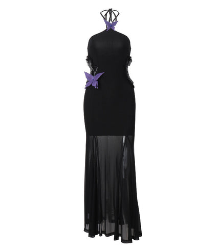 Off-shoulder Halter Butterfly Decoration Slim Fit Holiday Dress Women