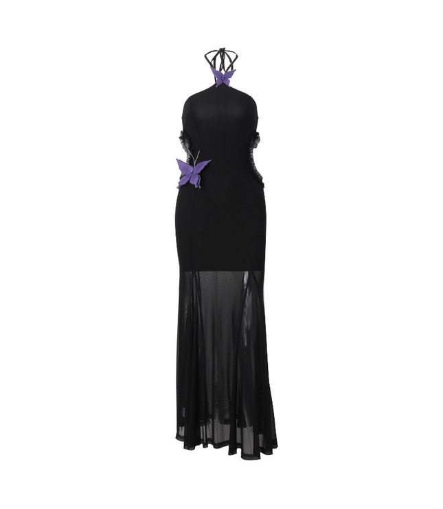 Off-shoulder Halter Butterfly Decoration Slim Fit Holiday Dress Women