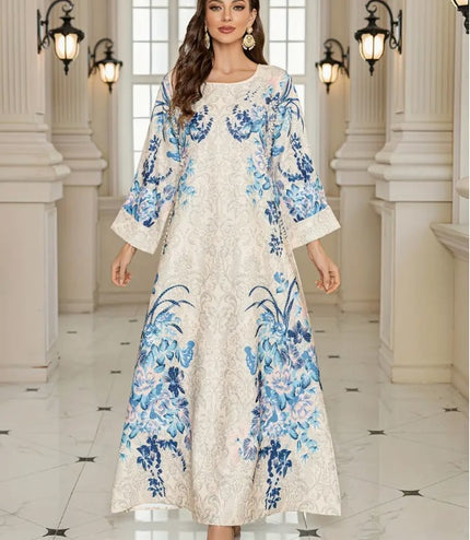 Elegant Floral Print Long Sleeve Abaya Dress