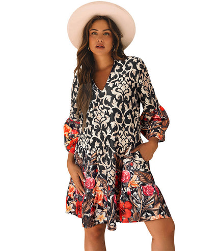 European And American Retro Flower Printed V-neck Dress Women